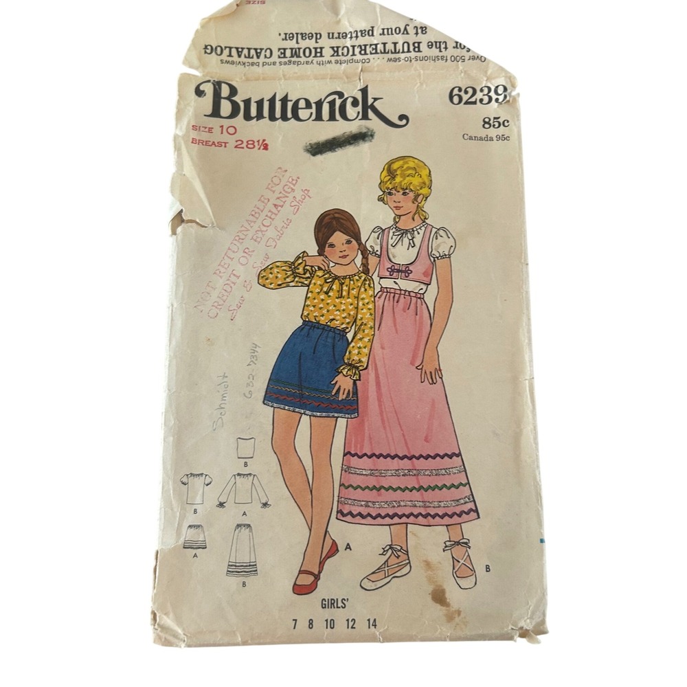 Butterick Sewing Pattern 6239 Girls Size 10 Multi Vintage Blouse Skirt Vest Cut